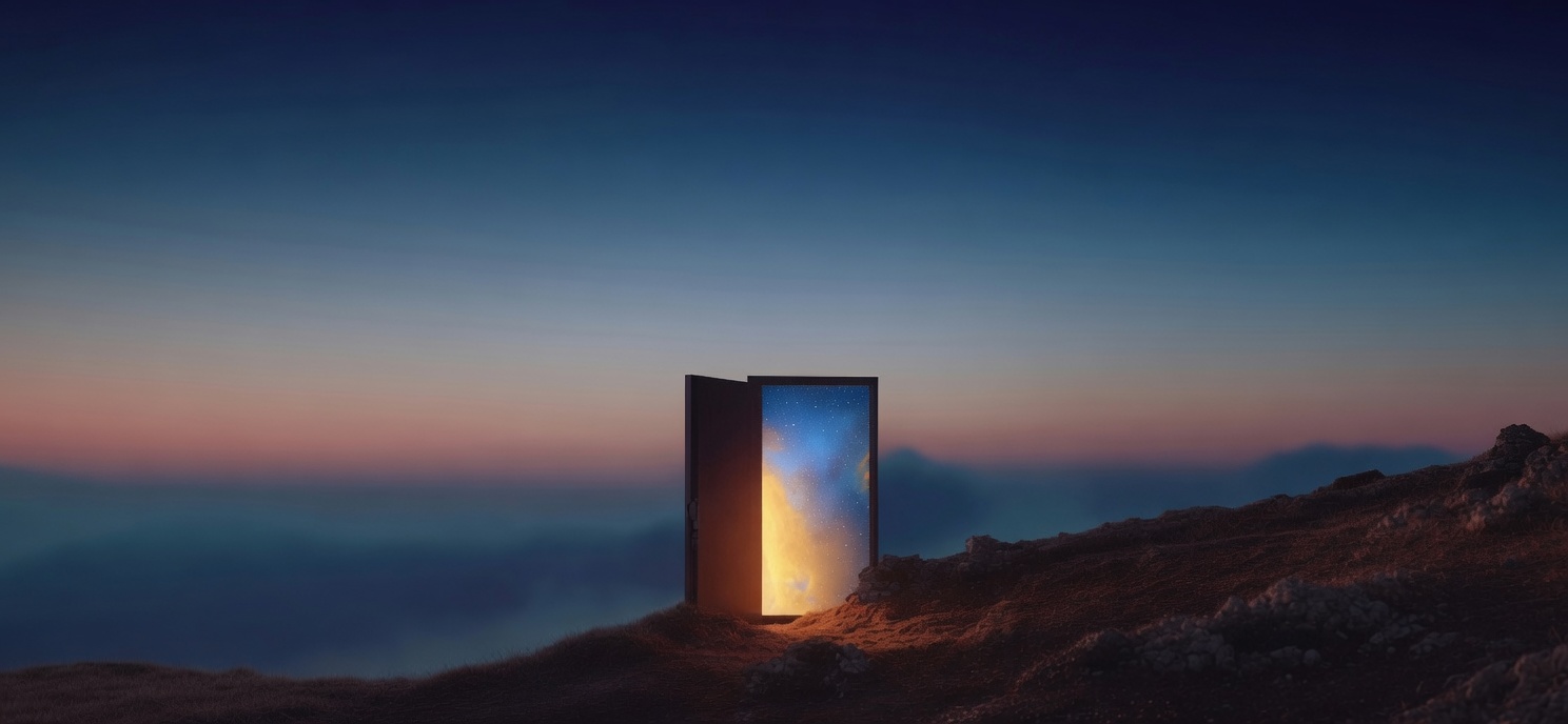An open doorway revealing a star-filled sky in a dreamlike landscape